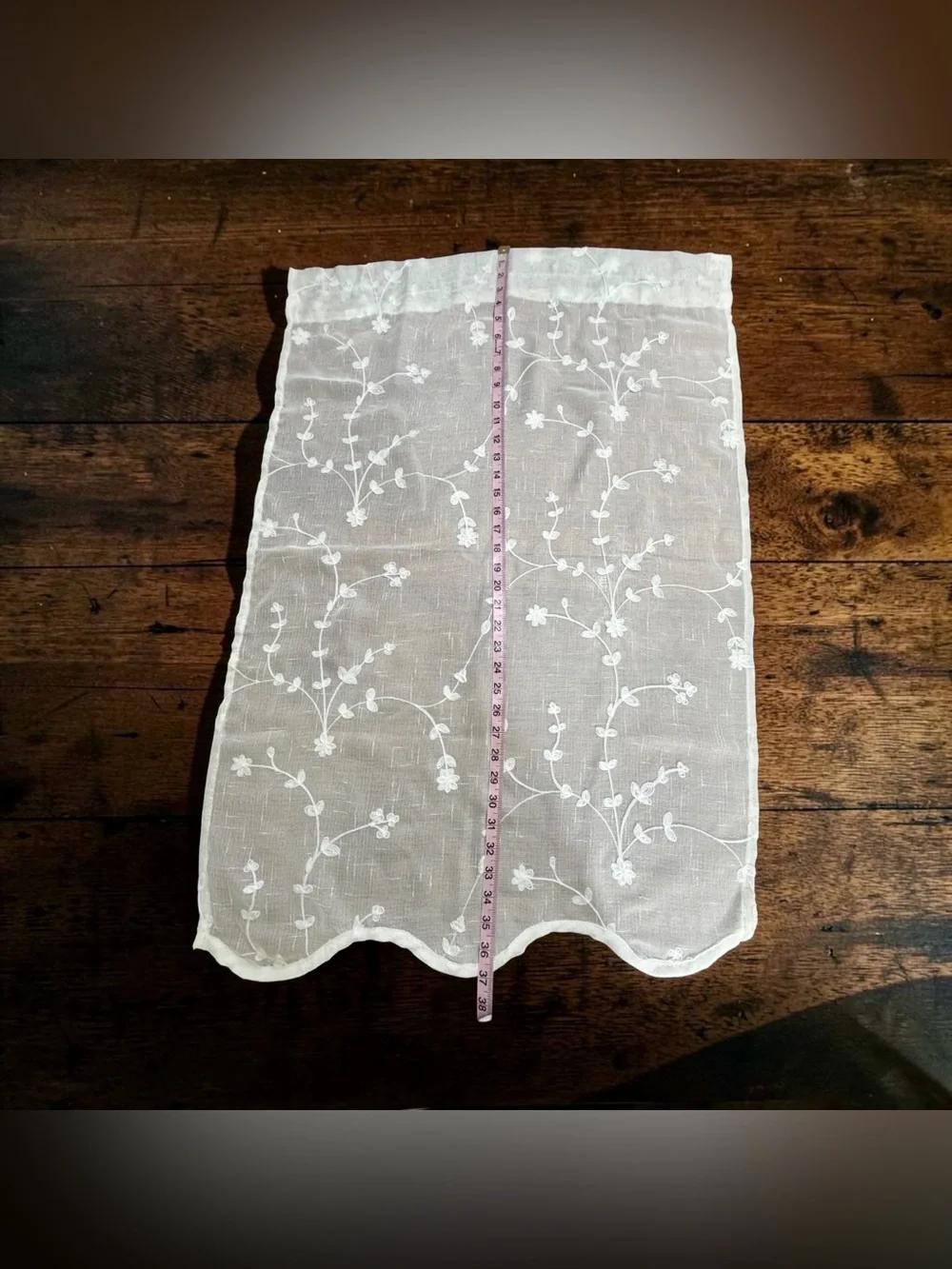 Embroidered  Ivory Floral Cafe' Curtain Panel Cottage Farmhouse Scalloped Hem